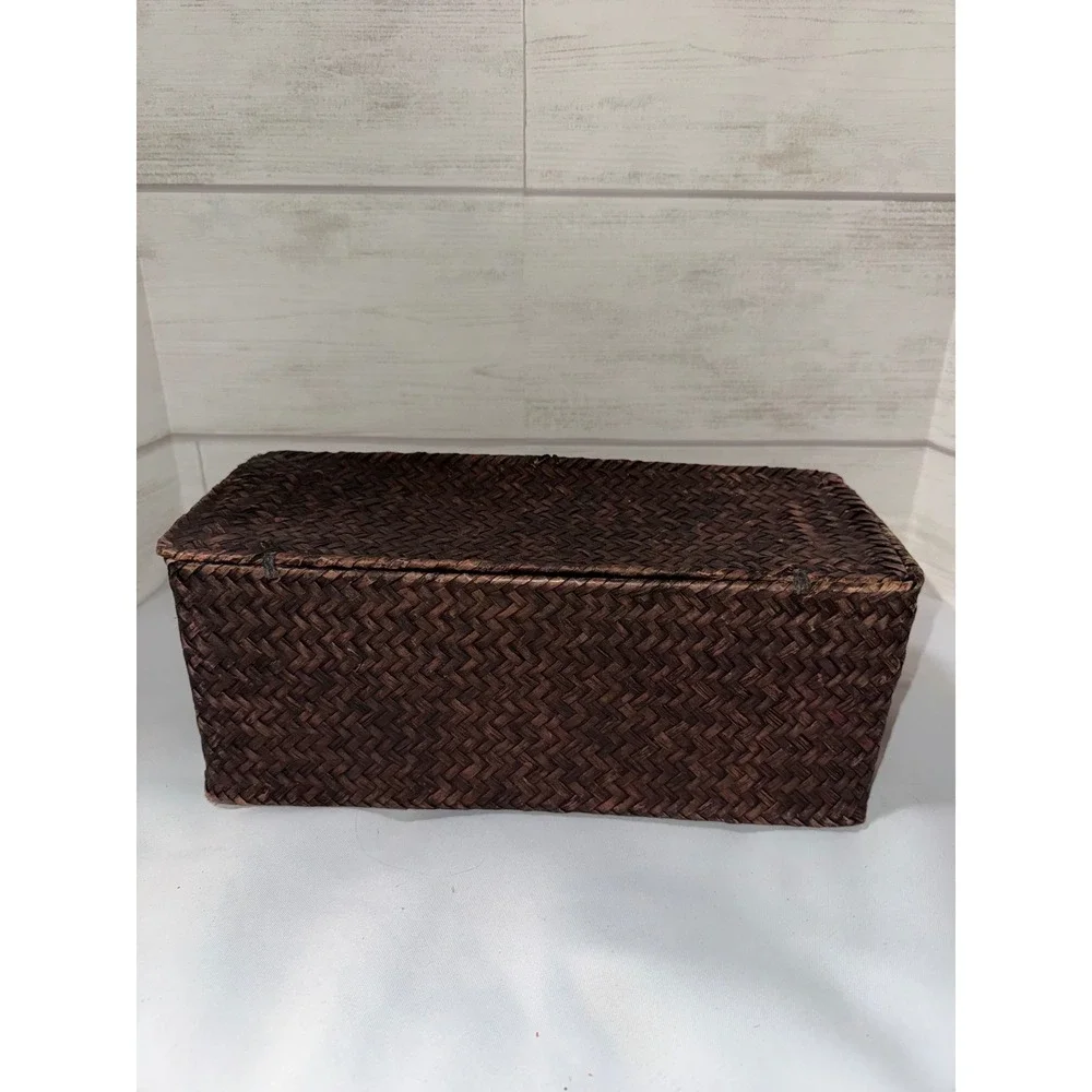 Set of 3 Nesting Woven Seagrass Storage Baskets Dark Brown Rectangle Lidded Box